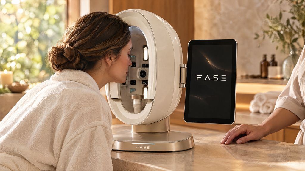 A woman in a robe leans into the FASE Scanner’s dome while a therapist stands by the touchscreen