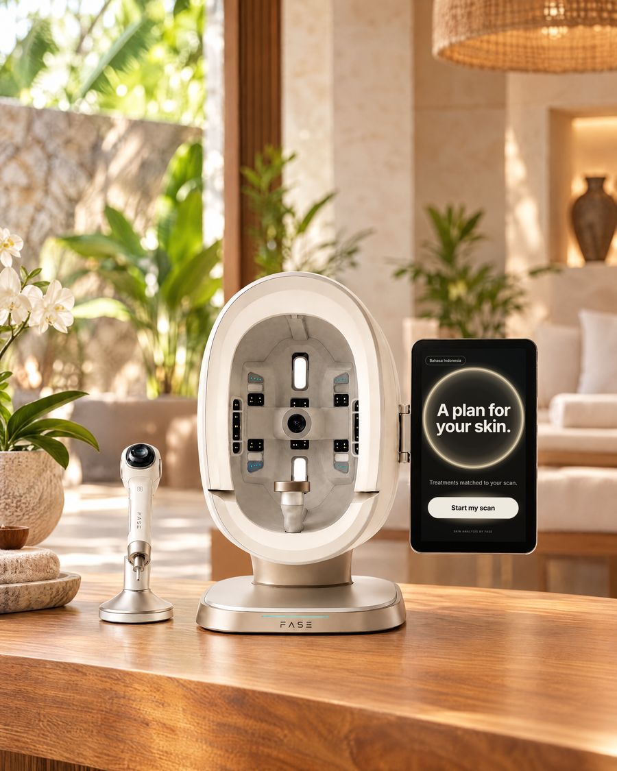 The FASE Scanner and its handheld probe on a wooden reception counter in a day spa with tropical plants